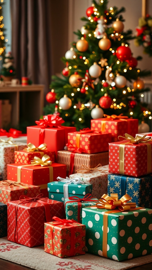 A festive arrangement of Christmas gifts with a decorated tree in the background.